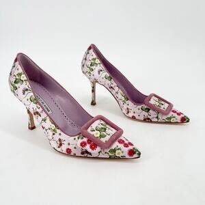 Manolo Blahnik Maysale Pink Floral Satin Buckle Pumps IT 39.5 Pointed Toe Heels